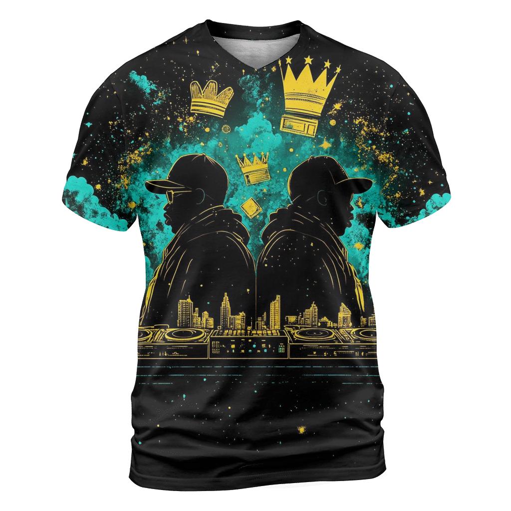 Celestial Cipher Kings vibrant all-over design tees