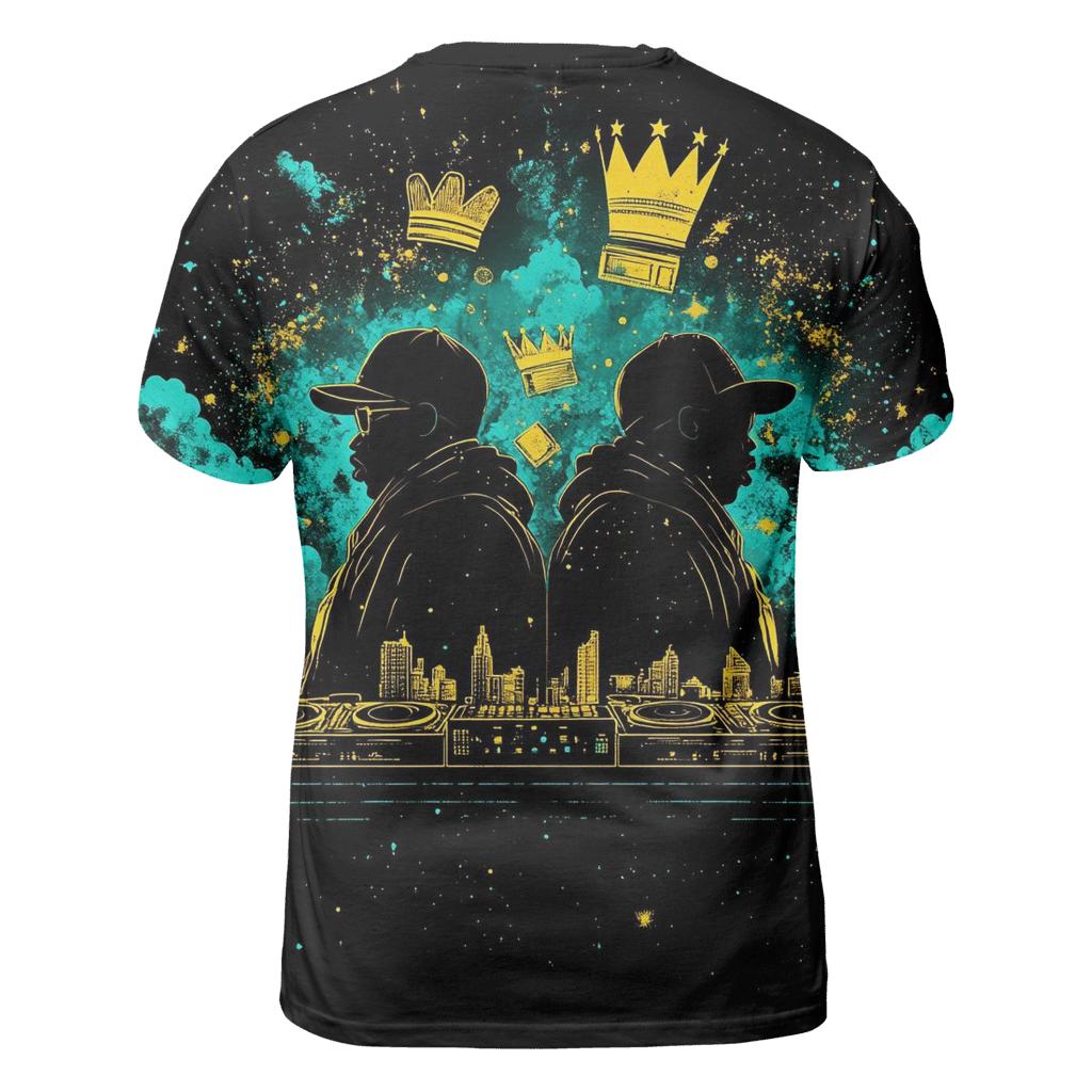 Celestial Cipher Kings vibrant all-over design tees