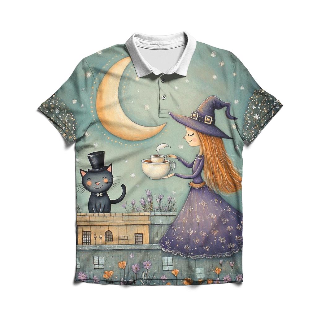 Tea With The Moon Witch embroidered polo tops