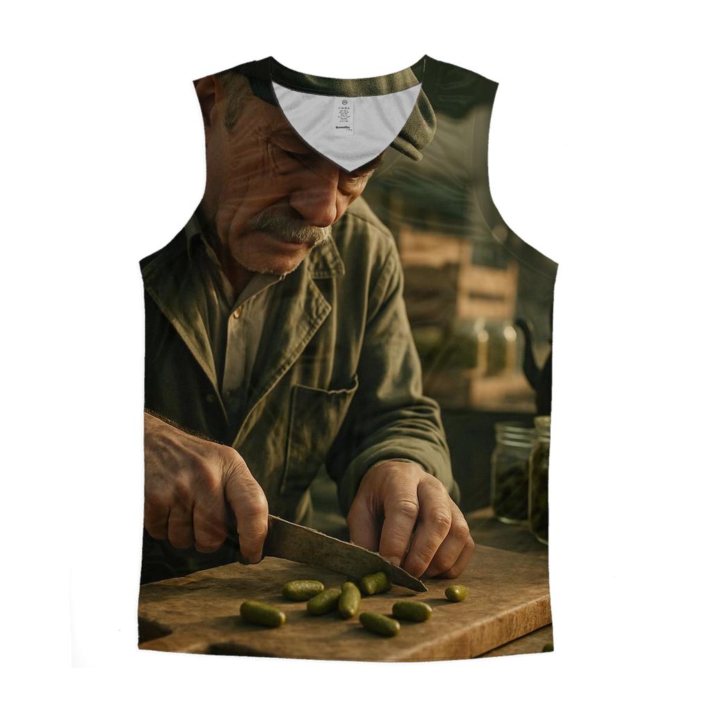 Market Vendor Preparing Cornichon Preservation graphic print tank tops