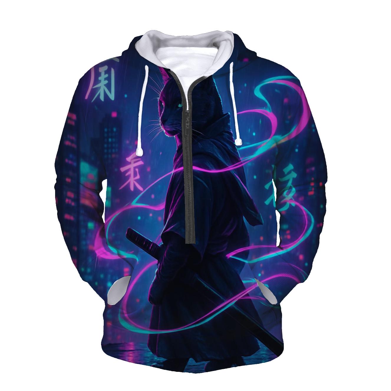 Neon Samurai Cat printed hoodies