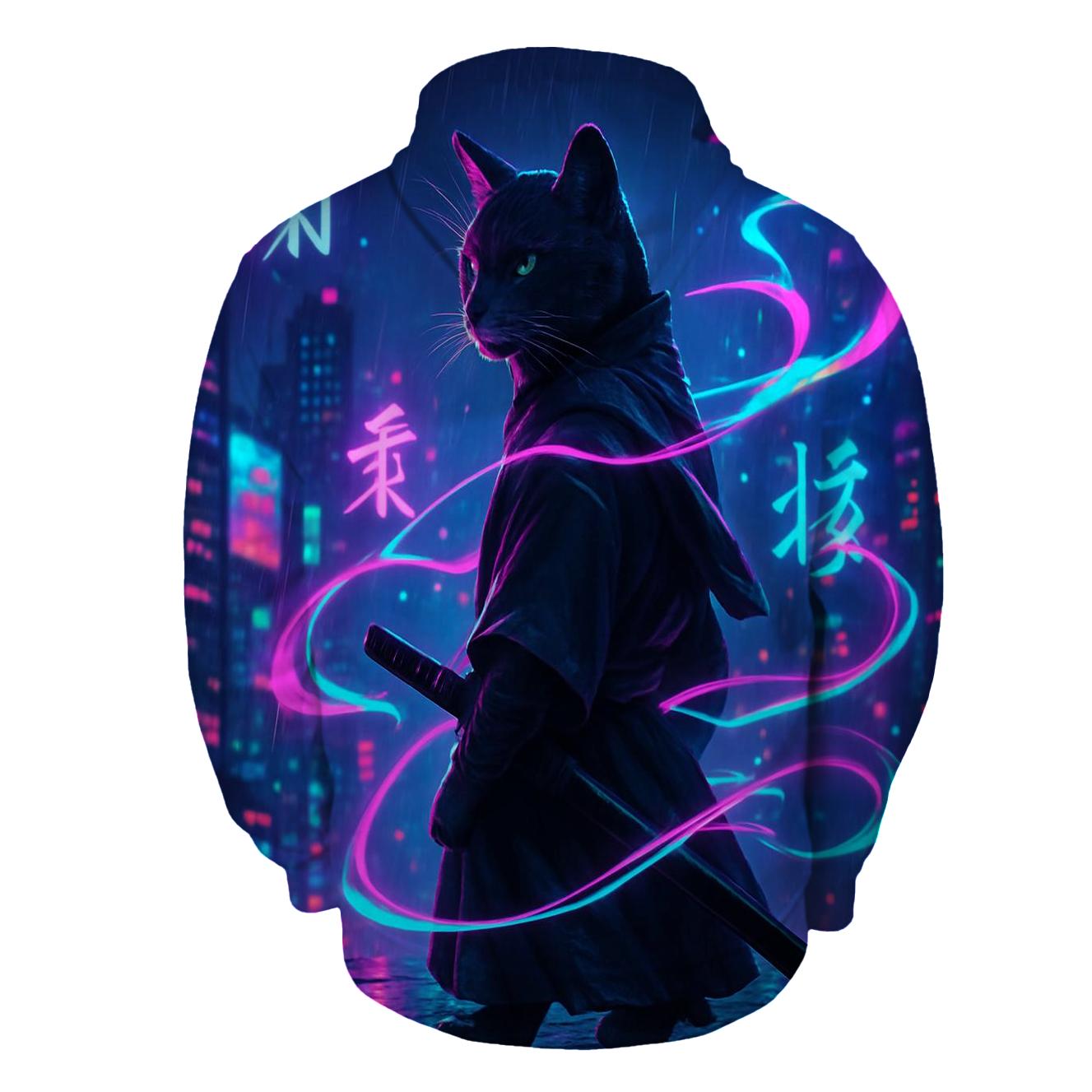 Neon Samurai Cat printed hoodies
