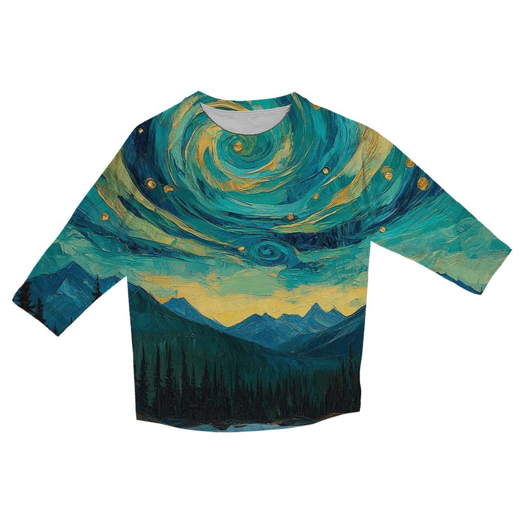 Van Gogh Inspired Mountain Aurora casual three quarter sleeve shirts