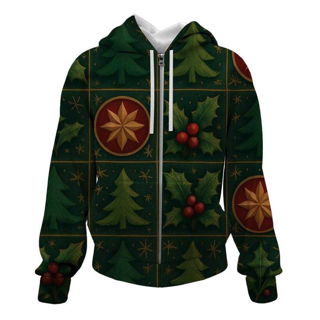 Nordic Holly Ornament Grid zip-up hoodies
