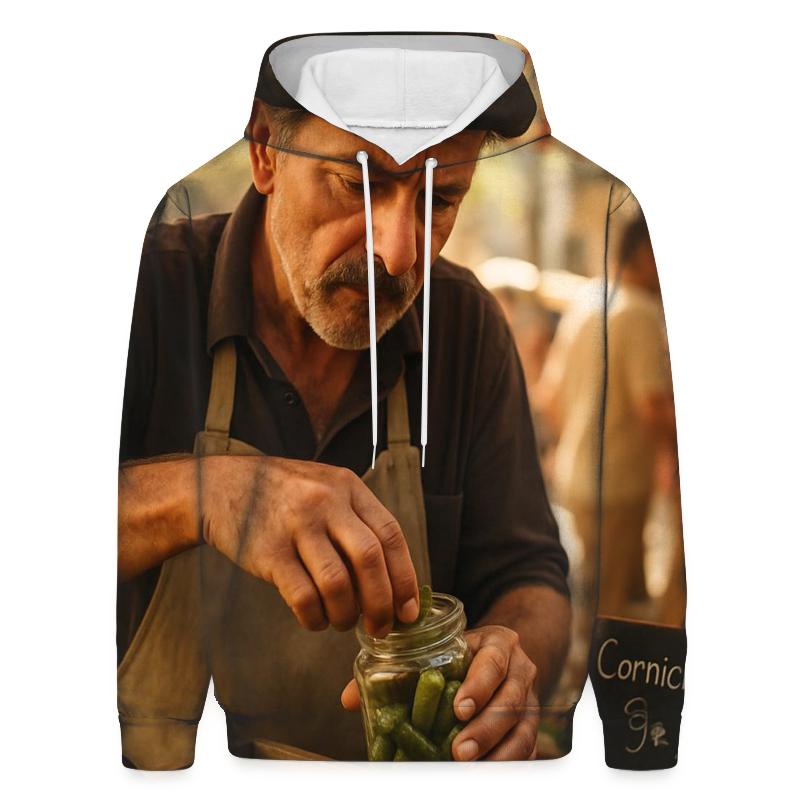 Market Vendor Preparing Cornichon Jar printed hoodies