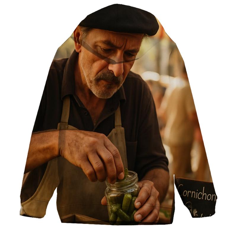 Market Vendor Preparing Cornichon Jar printed hoodies