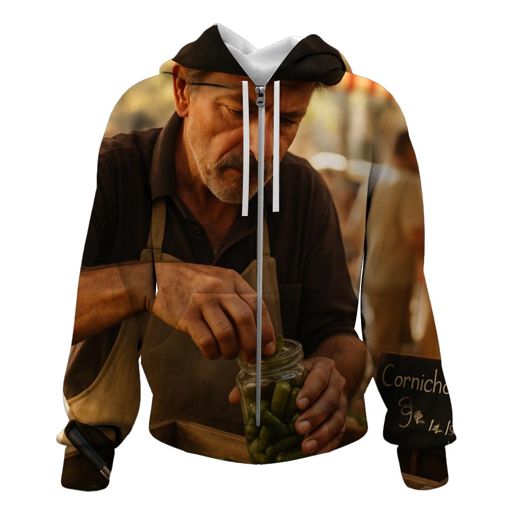 Market Vendor Preparing Cornichon Jar custom hoodies