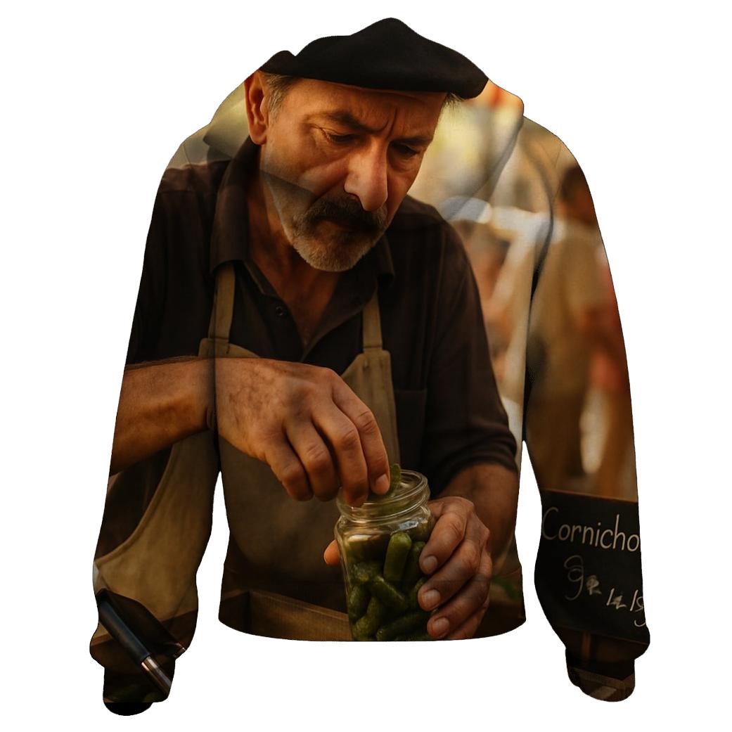 Market Vendor Preparing Cornichon Jar custom hoodies