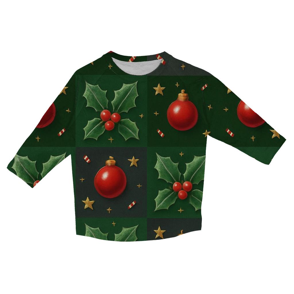 Crimson Holly Grid On Dark Forest Background printed three quarter sleeve shirts