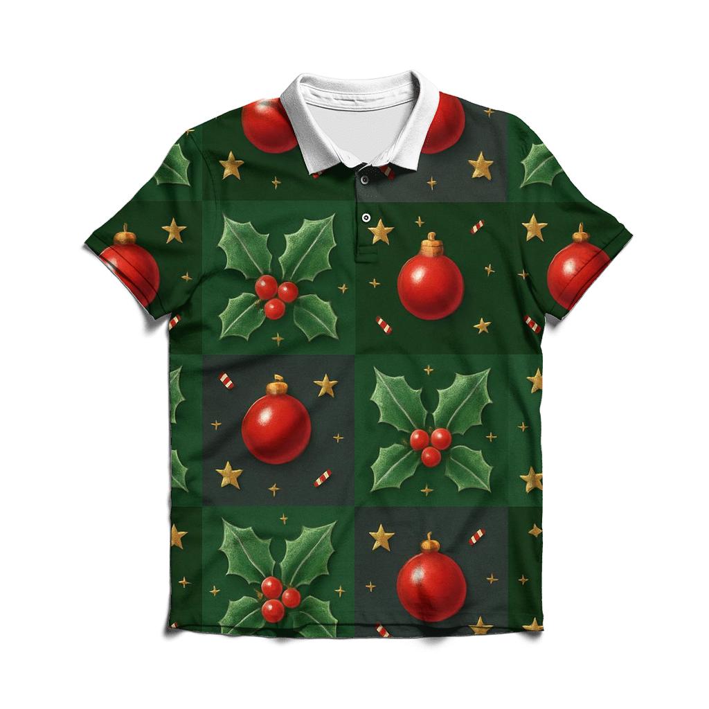 Crimson Holly Grid On Dark Forest Background designer slim fit polos