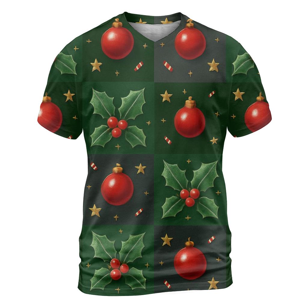 Crimson Holly Grid On Dark Forest Background custom all-over print shirts