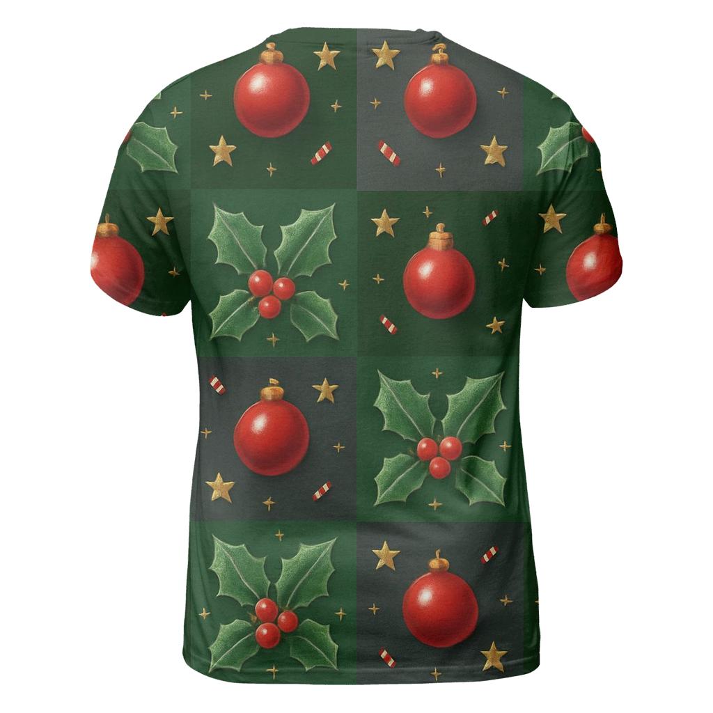 Crimson Holly Grid On Dark Forest Background custom all-over print shirts