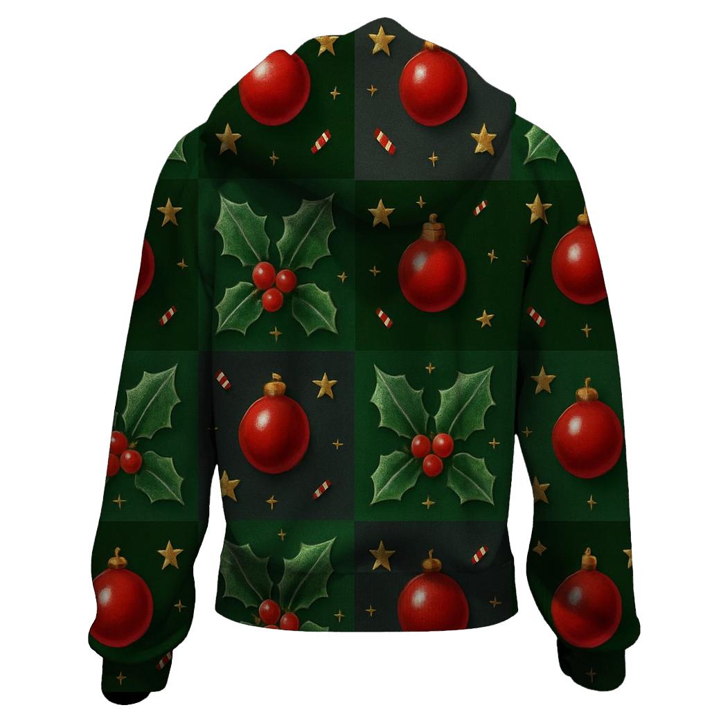 Crimson Holly Grid On Dark Forest Background hoodie styles
