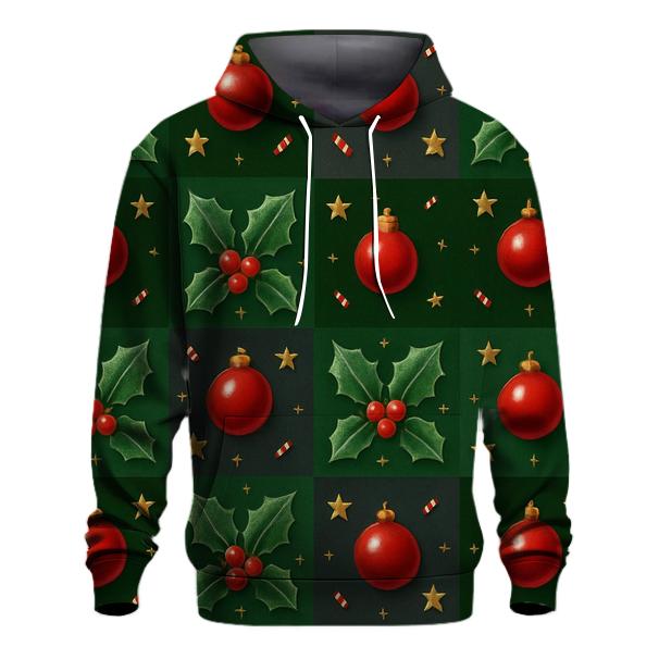 Crimson Holly Grid On Dark Forest Background embroidered hoodies