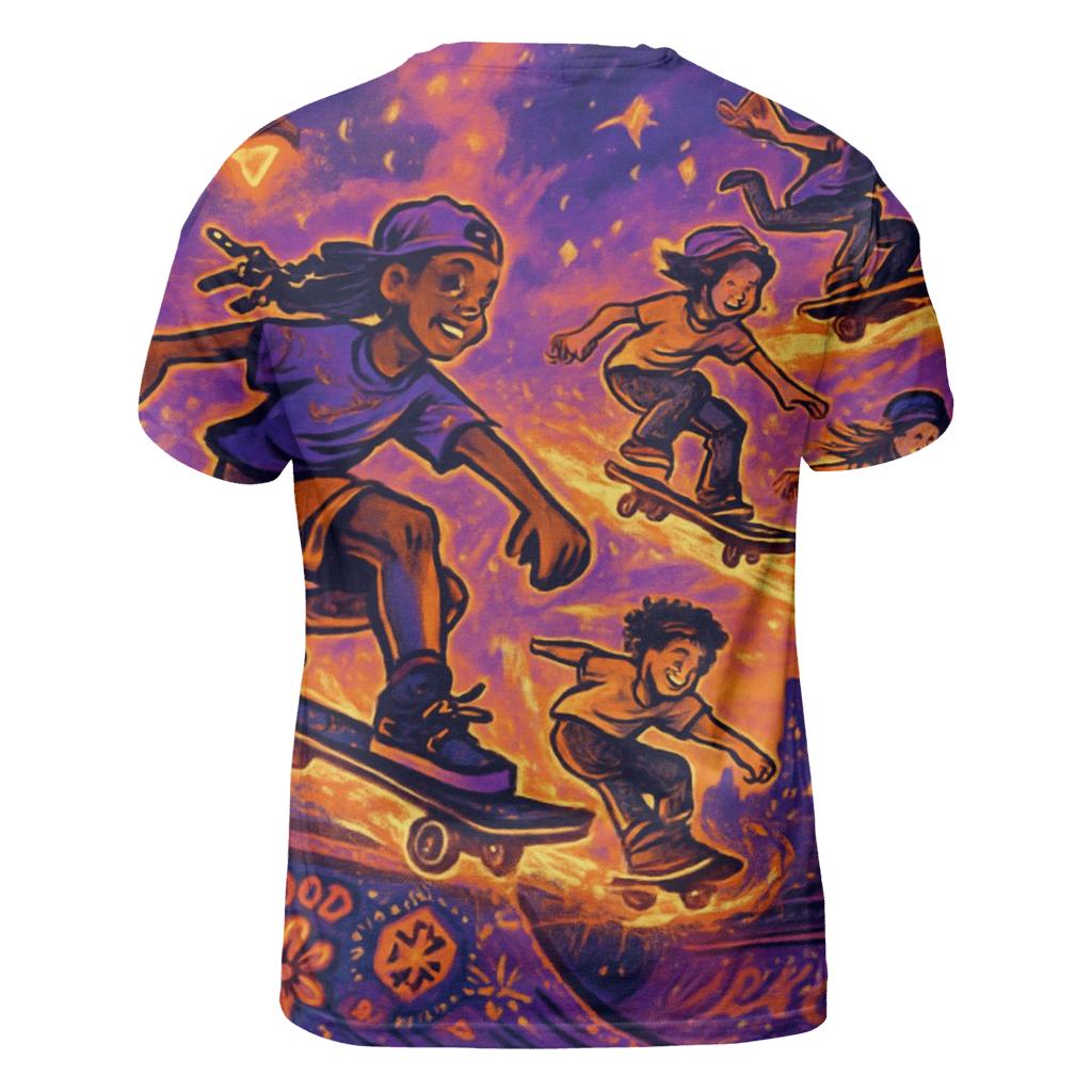 Solar Wind Skate Collective vibrant all-over design tees