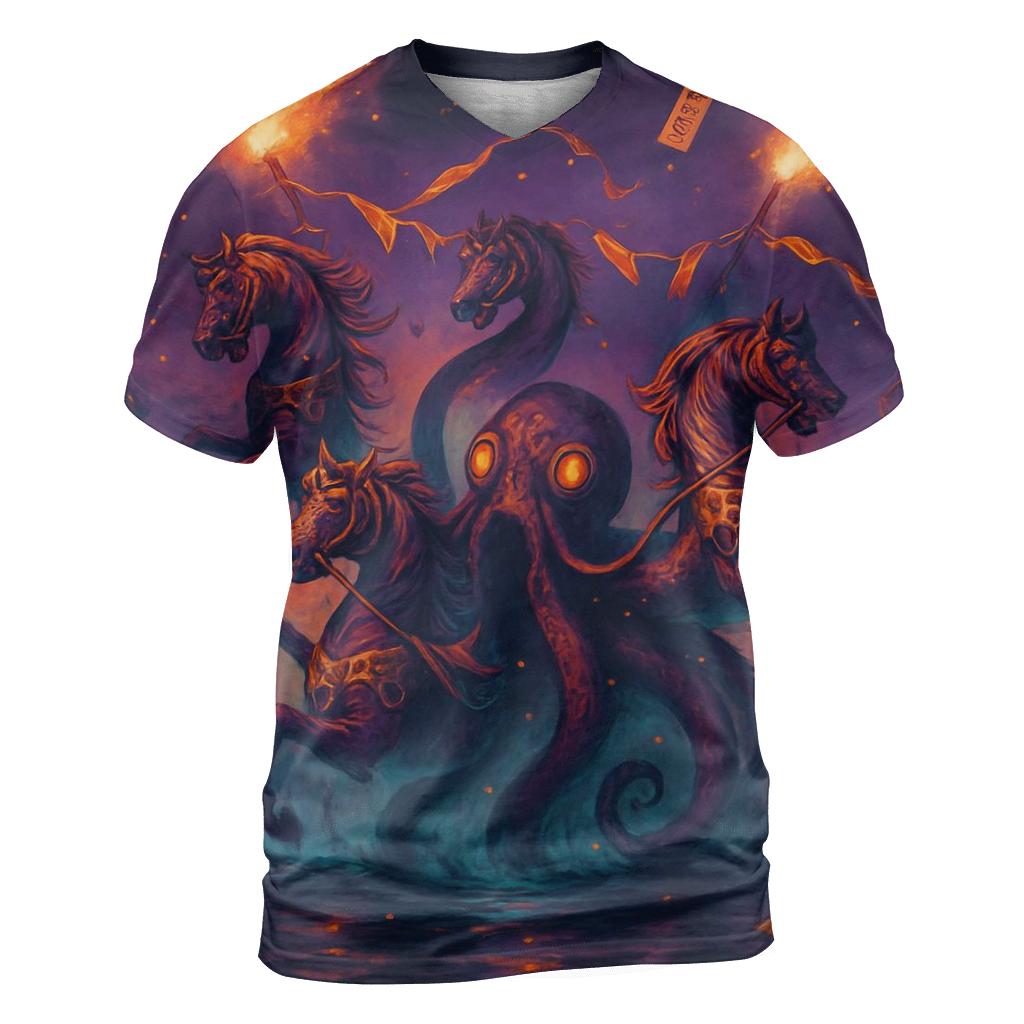 Warped Carnival Kraken vibrant all-over design tees