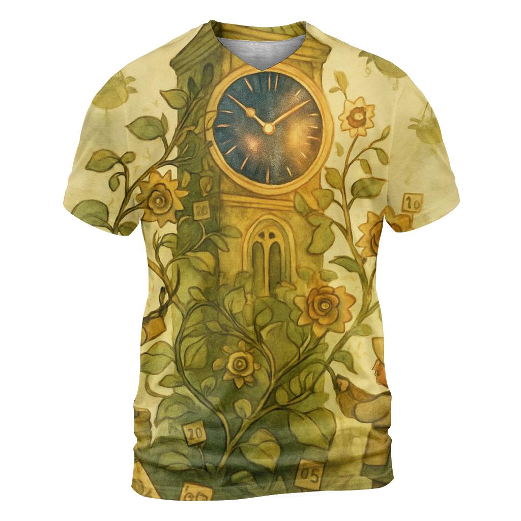 Clocktower Gardeners vibrant all-over design tees