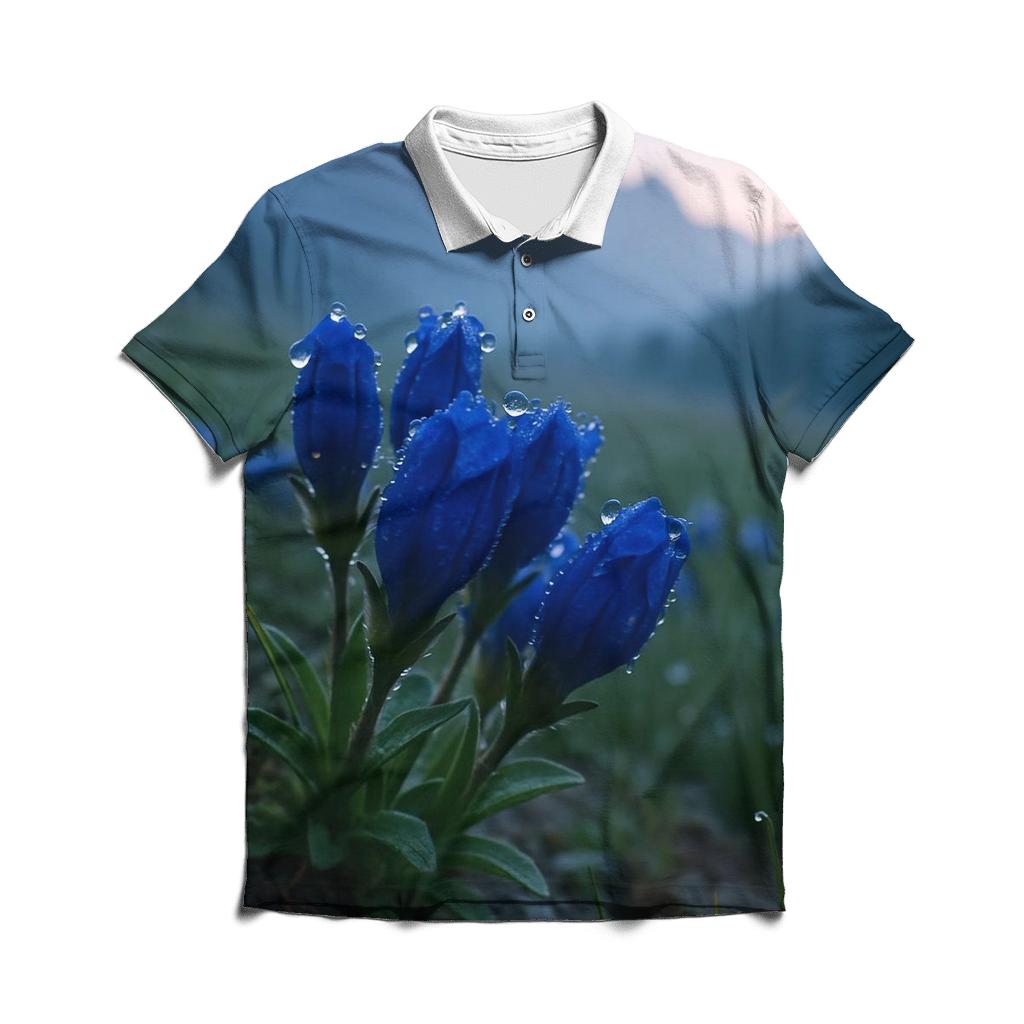 Dewy Alpine Gentian Meadow At Dawn premium cotton polo shirts
