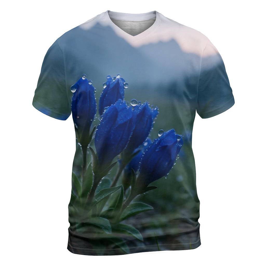 Dewy Alpine Gentian Meadow At Dawn vibrant all-over design tees