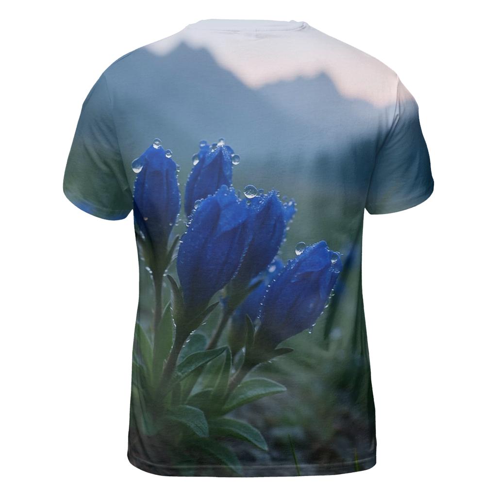 Dewy Alpine Gentian Meadow At Dawn vibrant all-over design tees