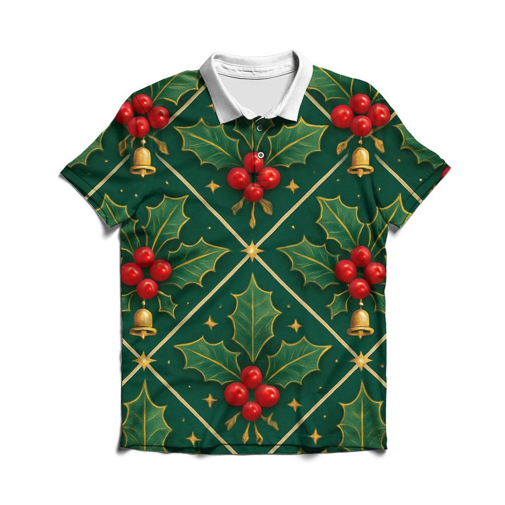 Nordic Holly Lattice On Deep Green Background casual sports polo shirts