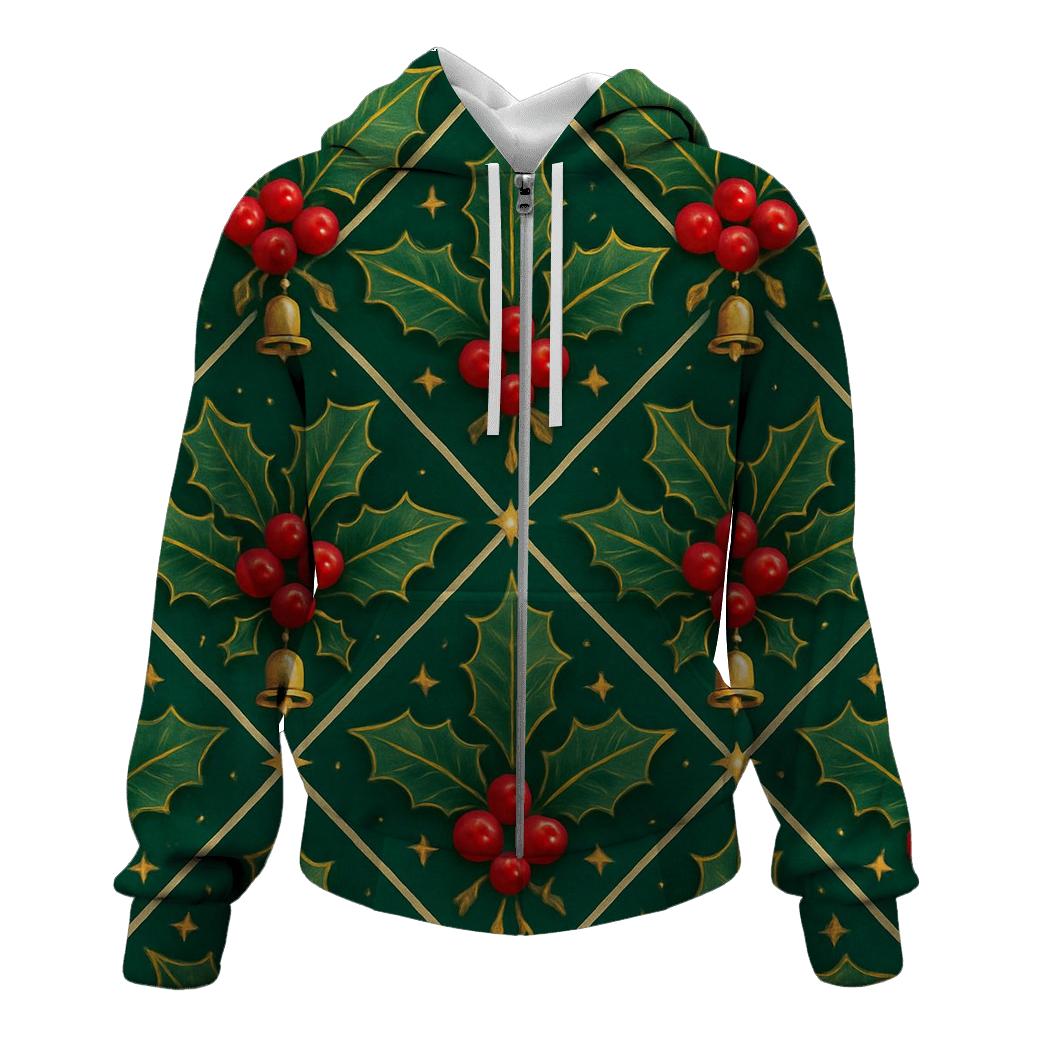 Nordic Holly Lattice On Deep Green Background embroidered hoodies