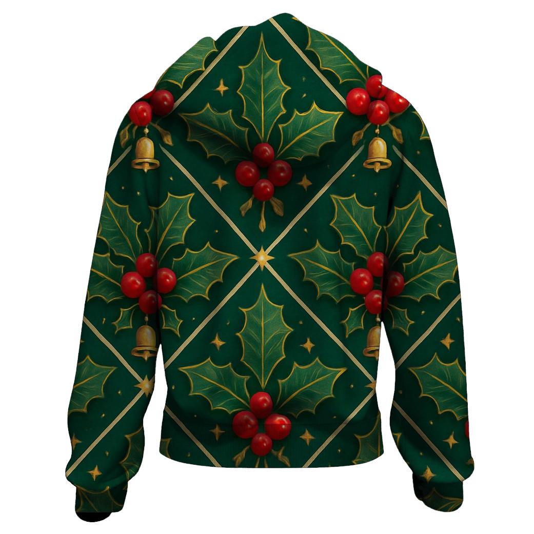 Nordic Holly Lattice On Deep Green Background embroidered hoodies