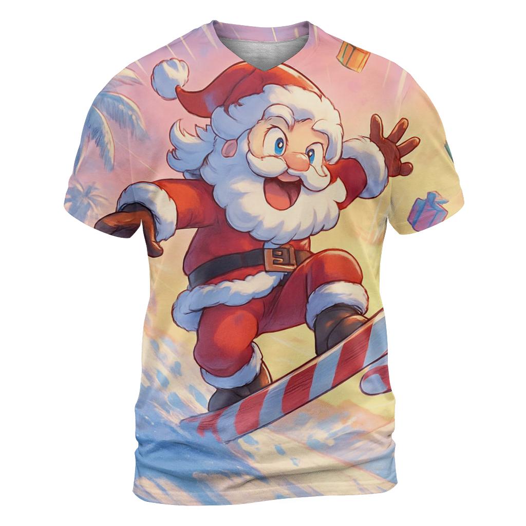 Surfboard Santa Sunset vibrant all-over design tees