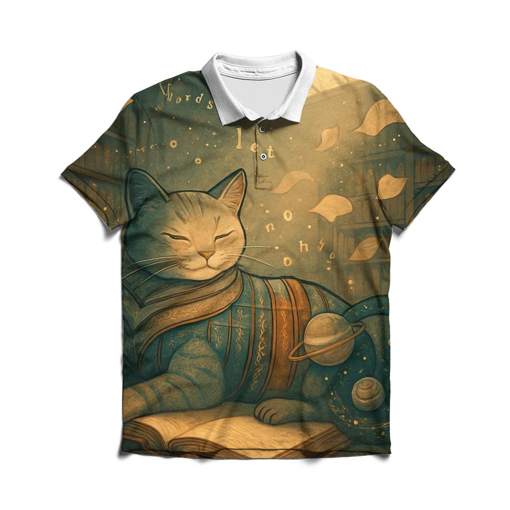 Hushed Neon Library Cat premium cotton polo shirts