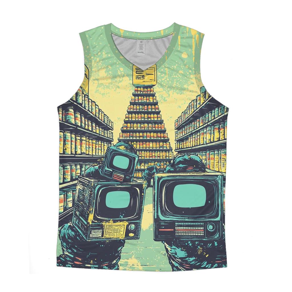 TV Static Supermarket Heist graphic print tank tops