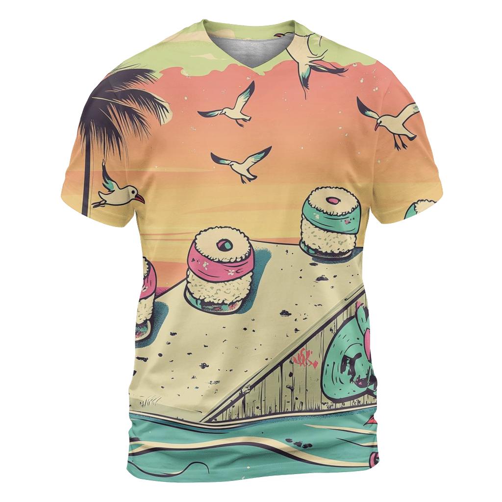 Skateboard Sushi Squad vibrant all-over design tees