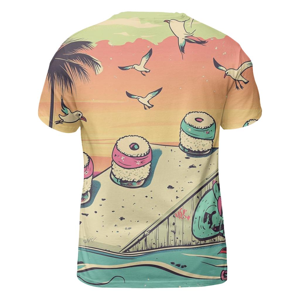 Skateboard Sushi Squad vibrant all-over design tees
