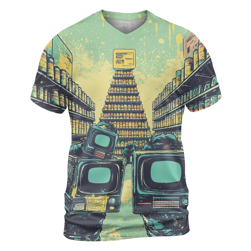 TV Static Supermarket Heist vibrant all-over design tees