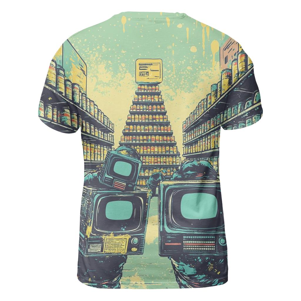 TV Static Supermarket Heist vibrant all-over design tees