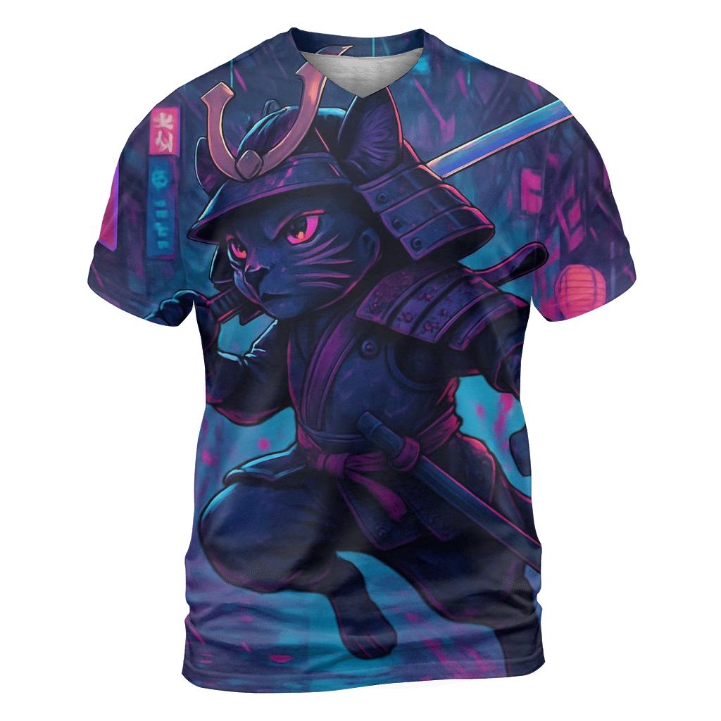 Neon Alley Samurai Cat designer pattern shirts