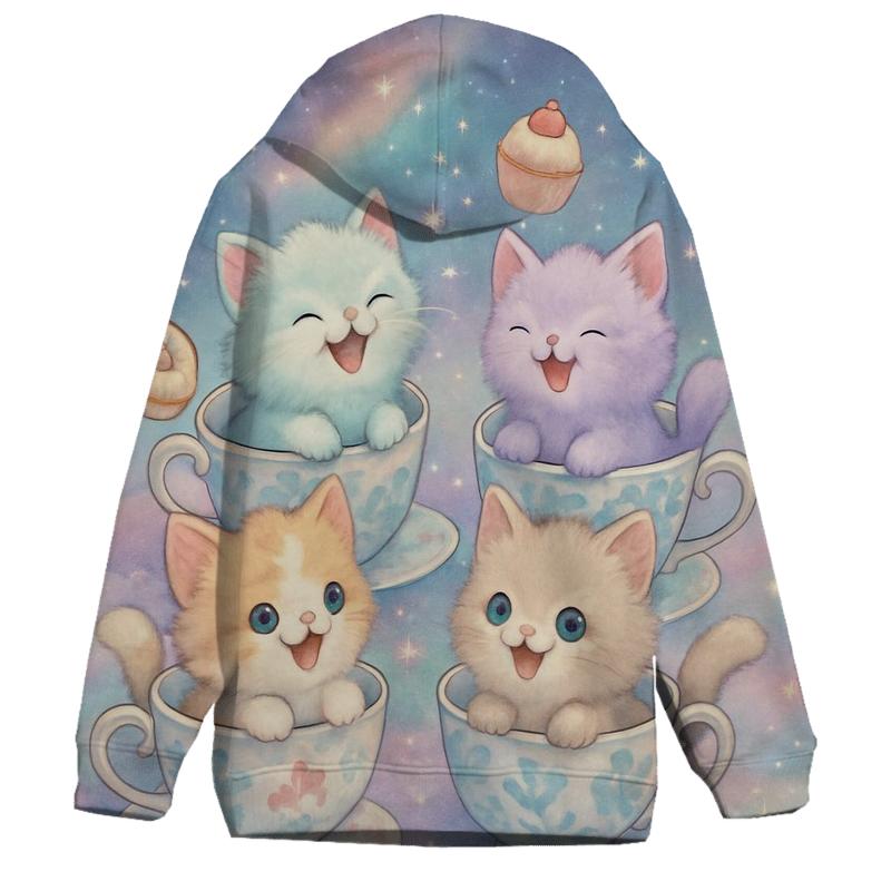 Cosmic Tea Party Kittens printed hoodies