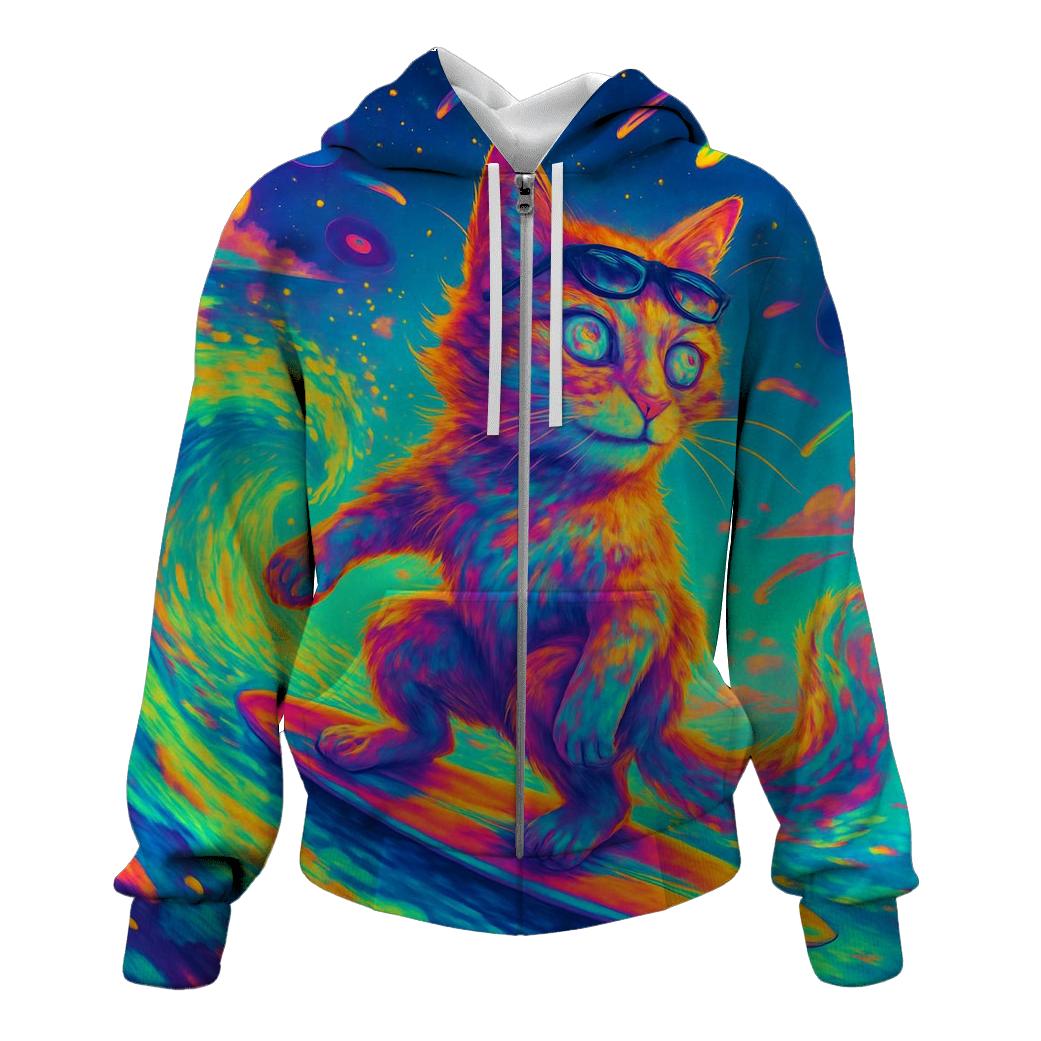 Psychedelic Dream Surfing Cat printed hoodies
