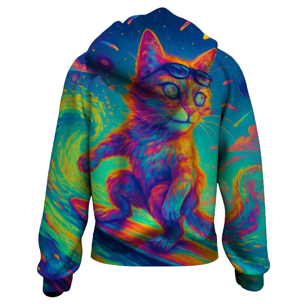Psychedelic Dream Surfing Cat printed hoodies