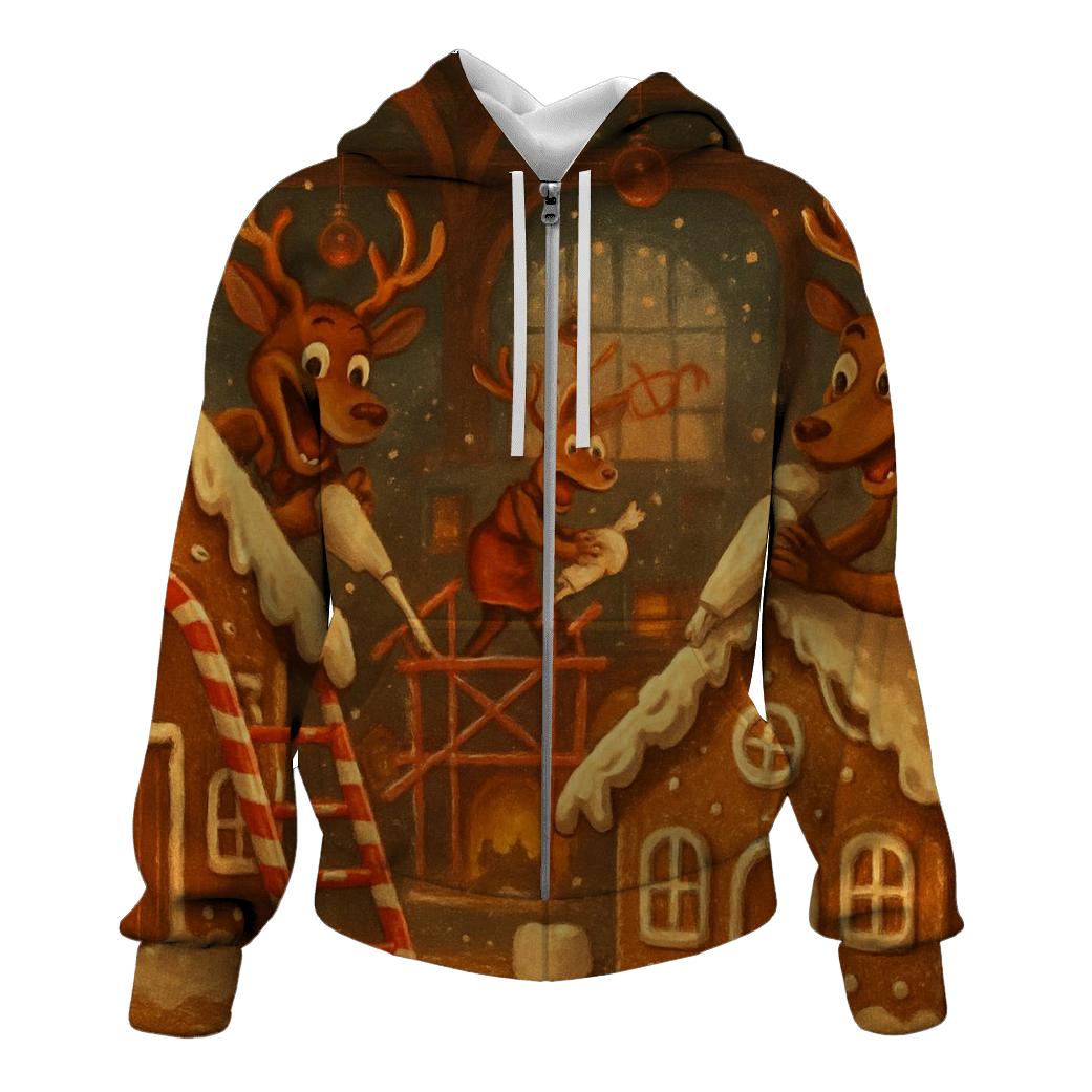 Gingerbread Workshop Reindeer Riot printed hoodies