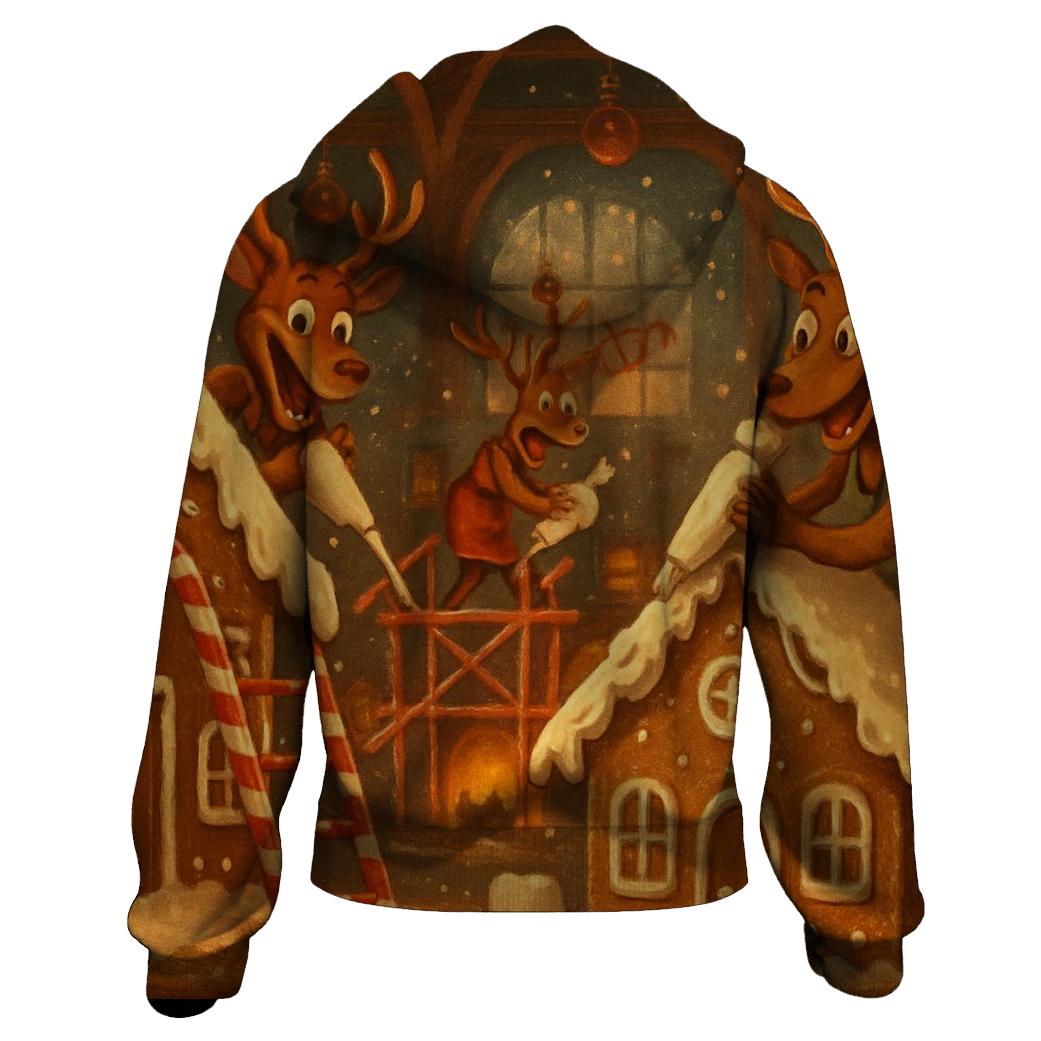 Gingerbread Workshop Reindeer Riot printed hoodies