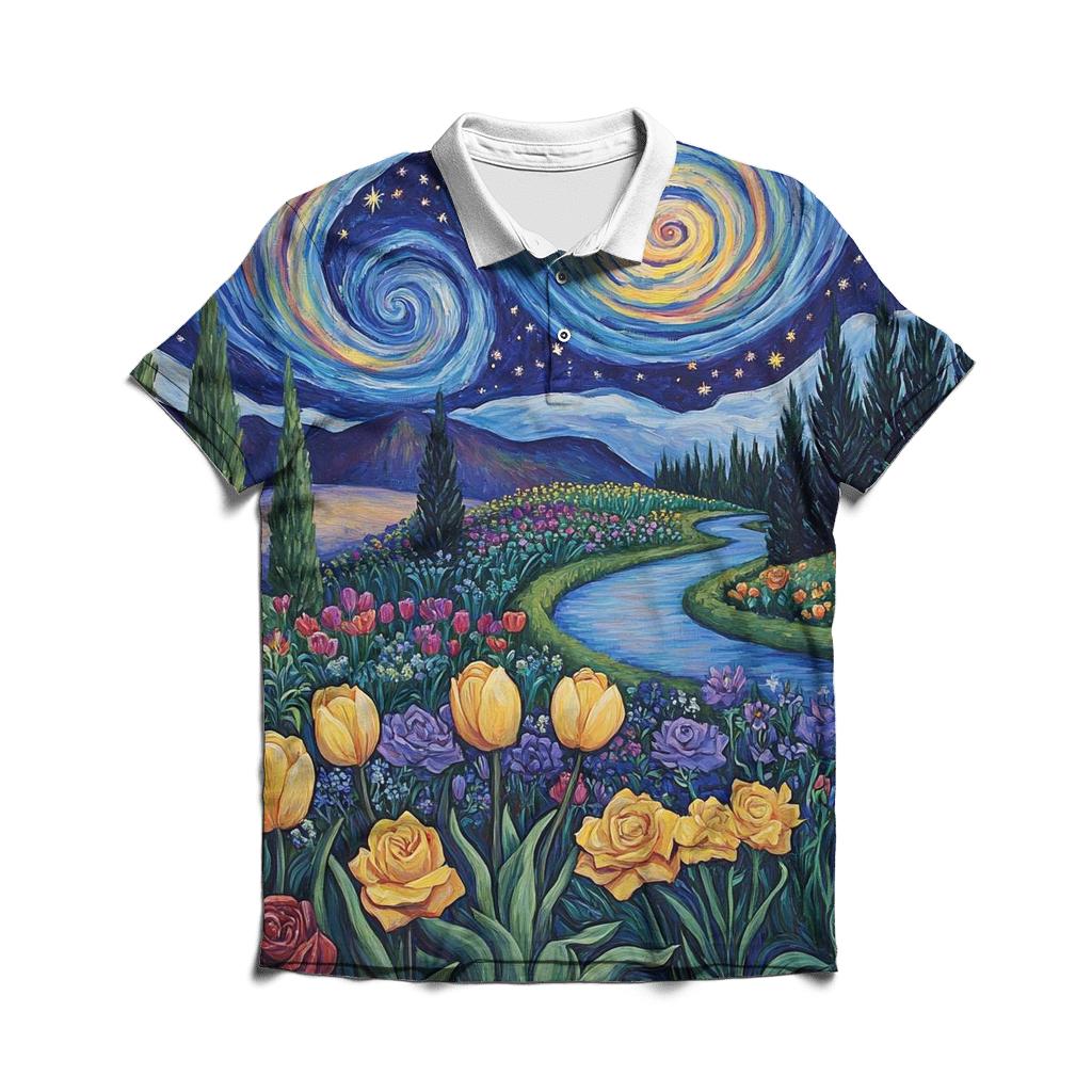 Van Gogh Inspired Galactic Garden classic pique polos