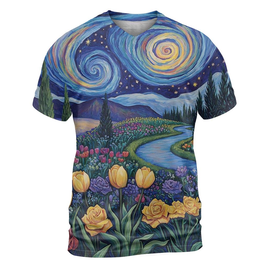 Van Gogh Inspired Galactic Garden vibrant all-over design tees