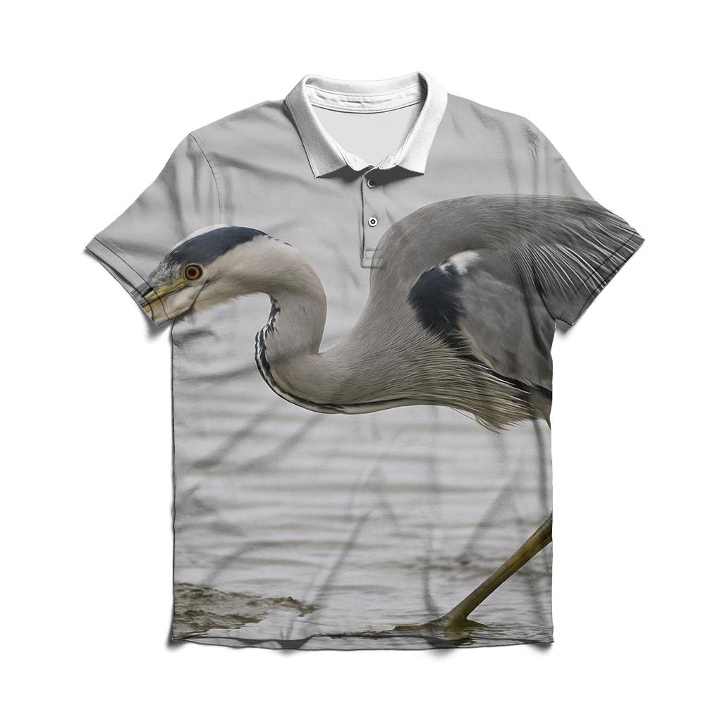 Misty Estuary Heron embroidered polo tops