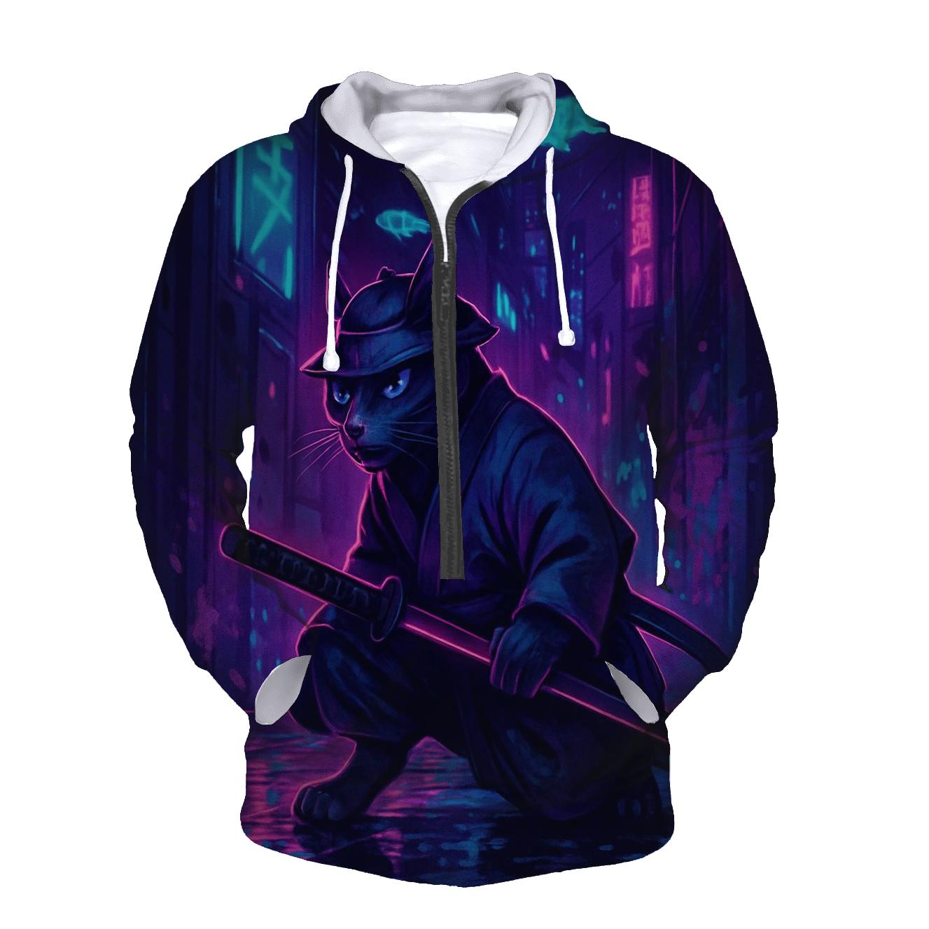 Neon Alley Samurai Cat premium hoodies