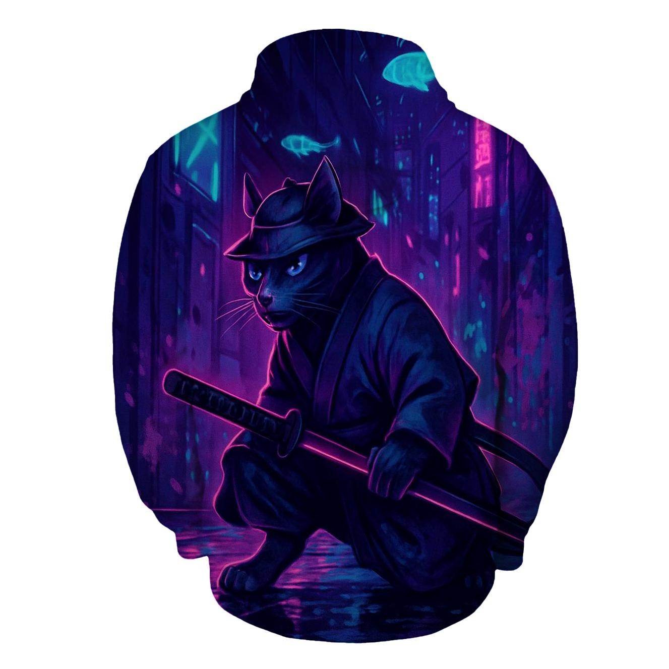 Neon Alley Samurai Cat premium hoodies