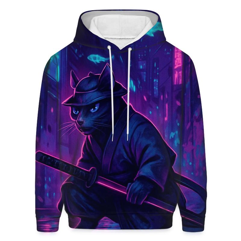 Neon Alley Samurai Cat premium hoodies