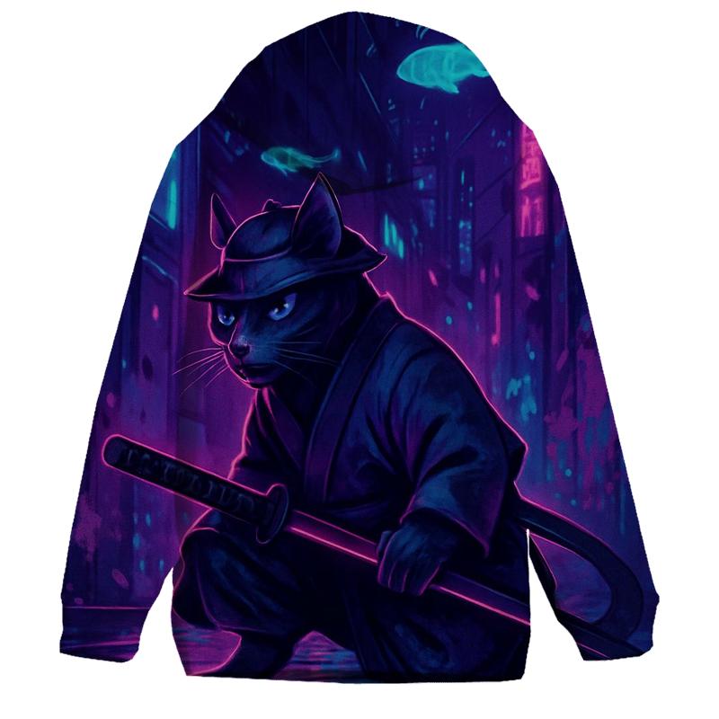 Neon Alley Samurai Cat premium hoodies