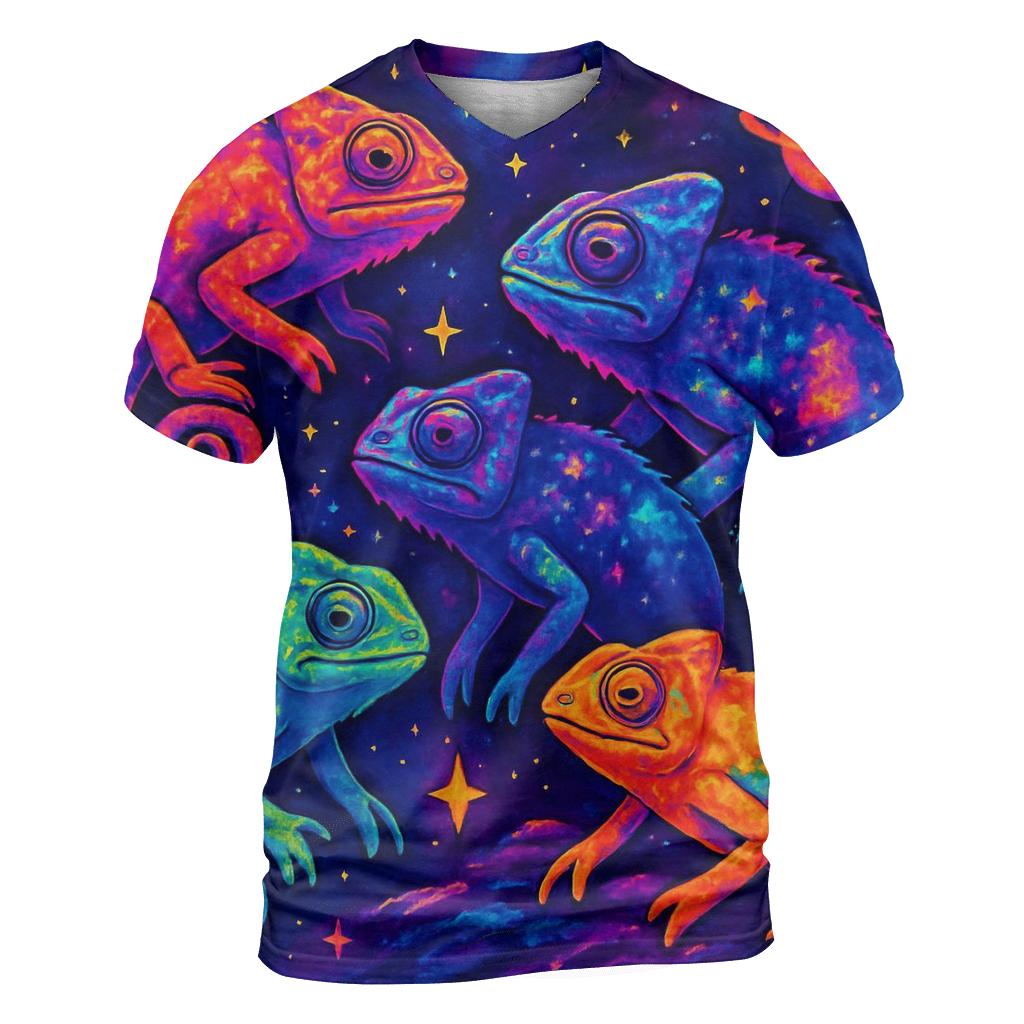 Cosmic Chameleons vibrant all-over design tees