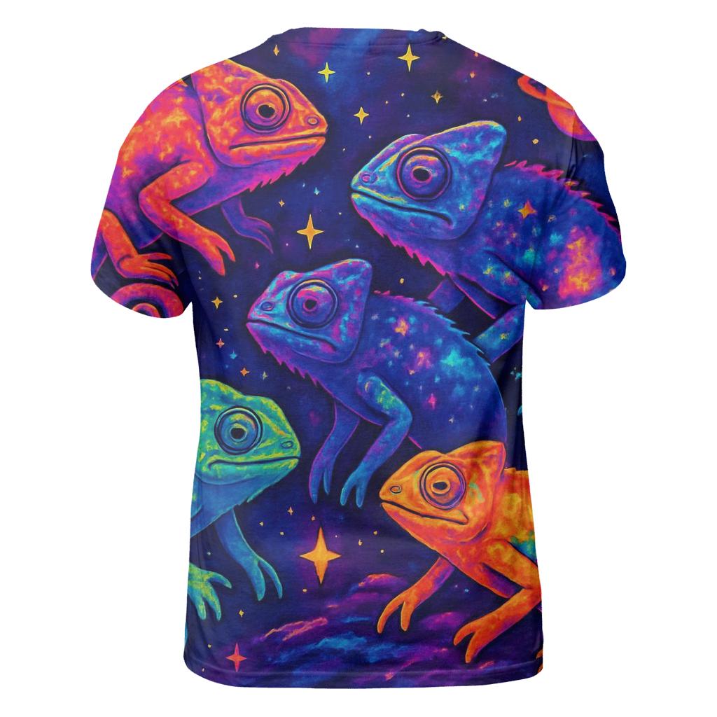 Cosmic Chameleons vibrant all-over design tees