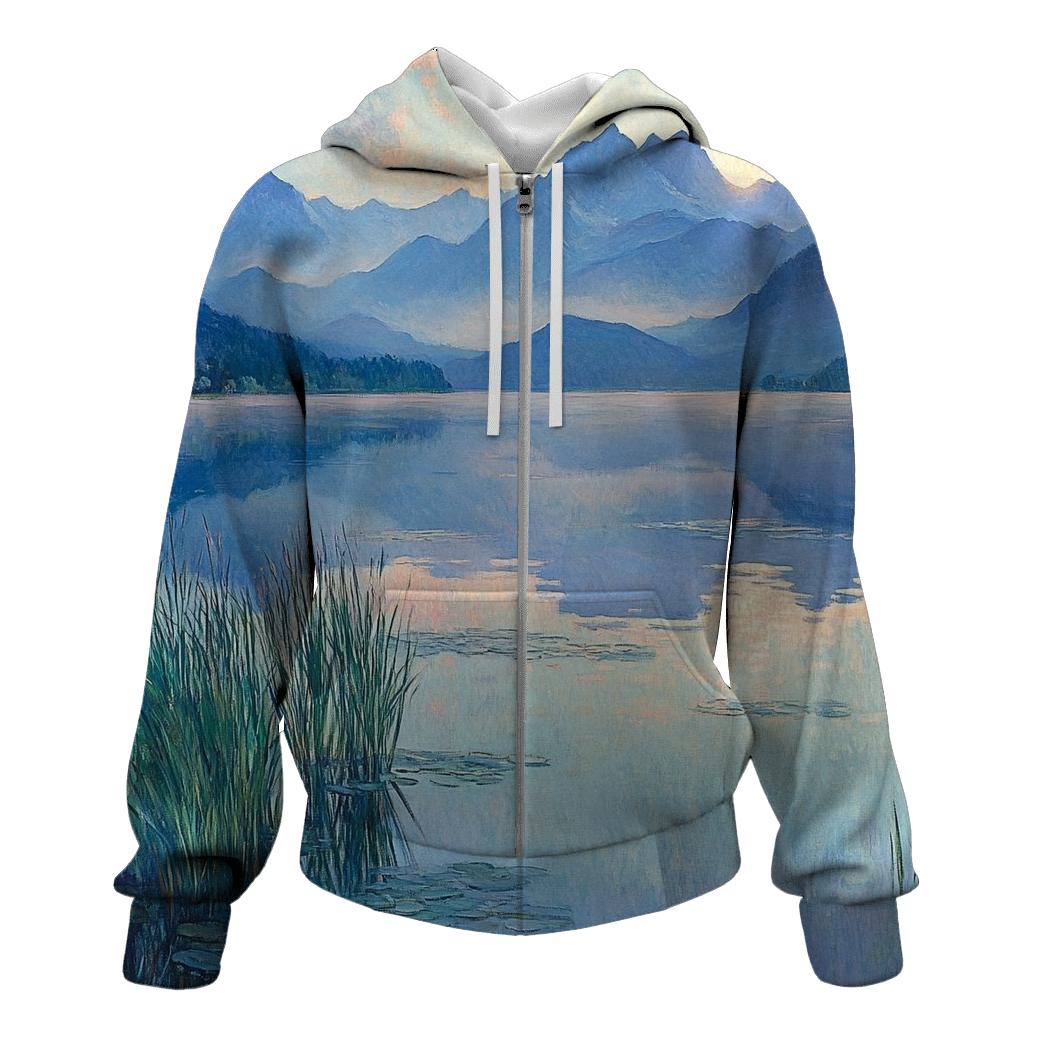 Claude Monet Inspired Mountain Lake At Dawn printed hoodies